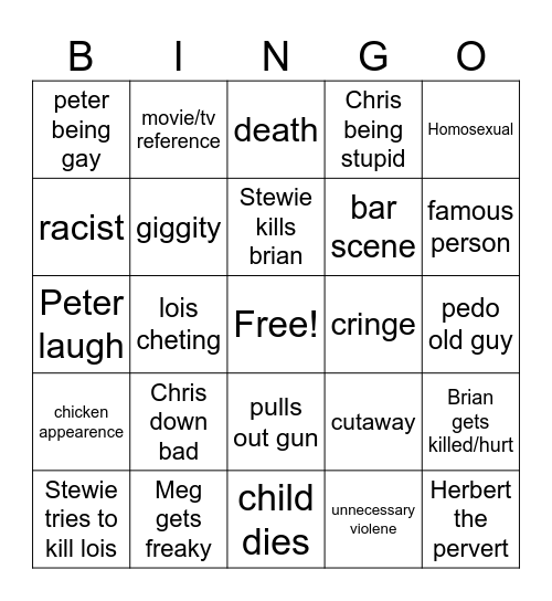 Family Guy Bingo Card
