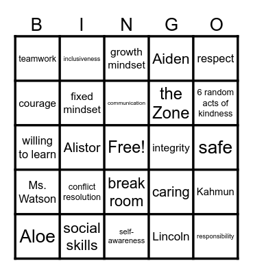 social skills Bingo Card