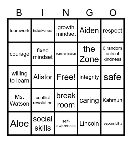 social skills Bingo Card