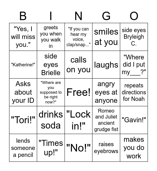 Honors Bingo Card