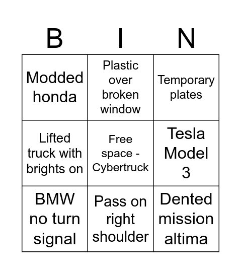 DMV Driving Bingo Card