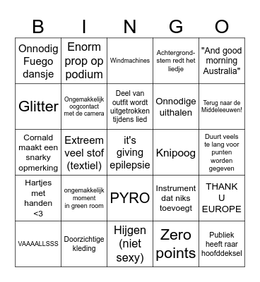 Eurovisie 2025 Bingo Card