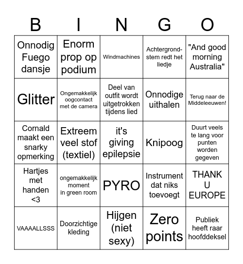 Eurovisie 2025 Bingo Card