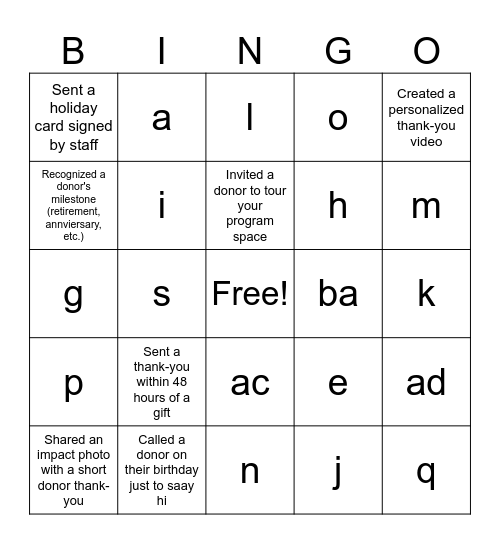 Engage-O Bingo Card
