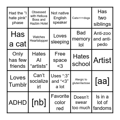 How much are you like me BINGO Card