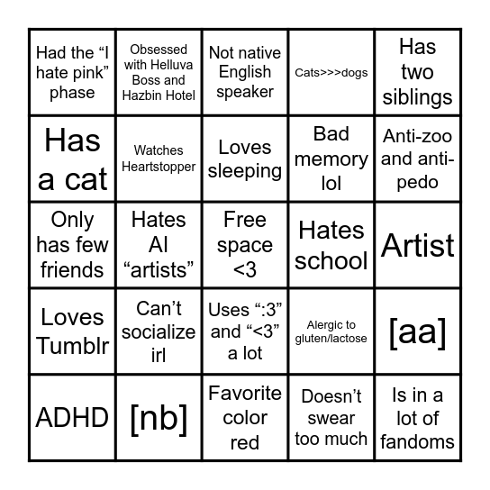 How much are you like me BINGO Card