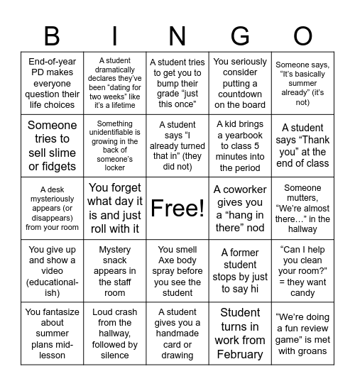 End-of-the-Year Bingo Card