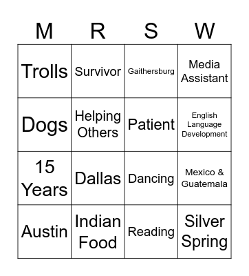 Thank You Ms. Warsaw! Bingo Card
