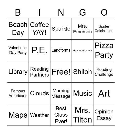 End of Year Bingo Card