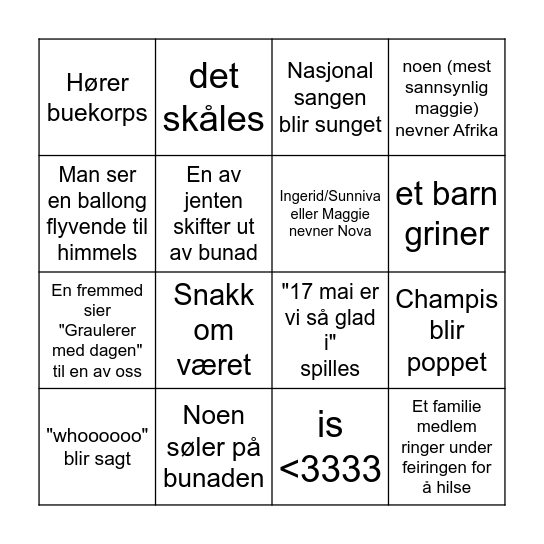 17 mai BINGO på Gyldenpris Bingo Card