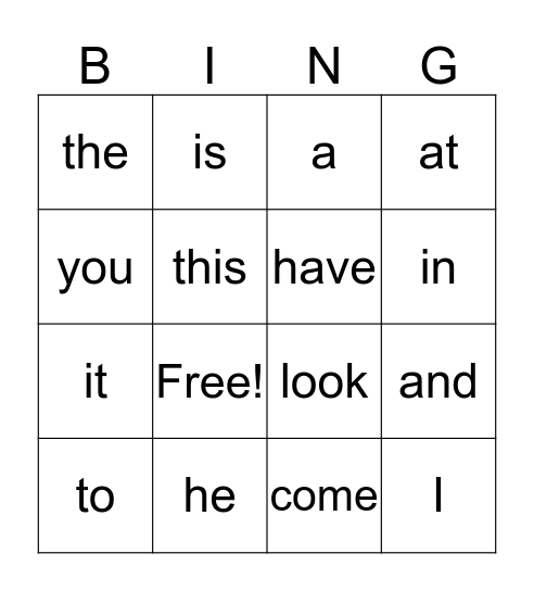 Sight Word Bingo Card
