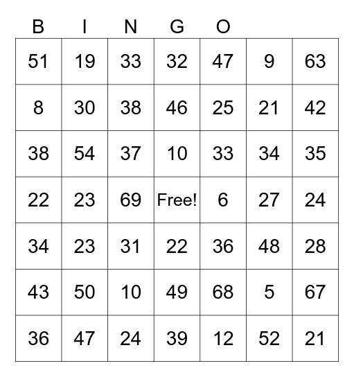 Number Bingo Card
