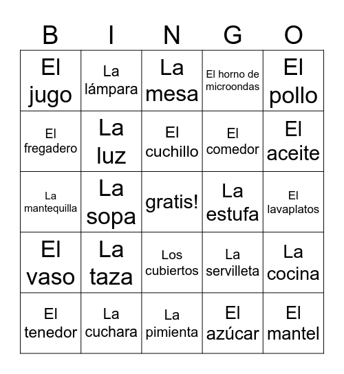 Español 1 Unidad 6 Lección A Bingo Card
