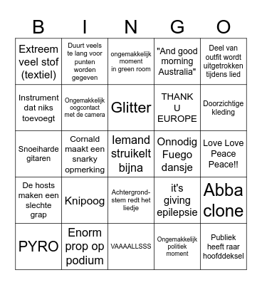 Eurovisie 2025 Bingo Card