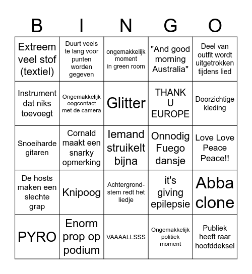Eurovisie 2025 Bingo Card