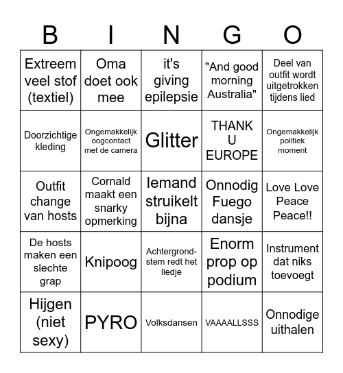 Eurovisie 2025 Bingo Card