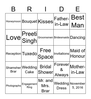 Preeti's Bridal Shower Bingo Card