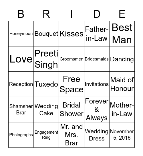 Preeti's Bridal Shower Bingo Card