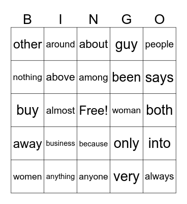 Second Grade Sight Word Bingo Card