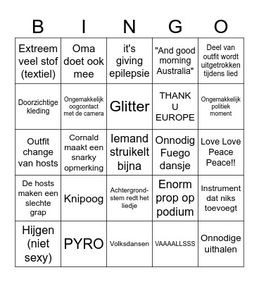 Eurovisie 2025 Bingo Card