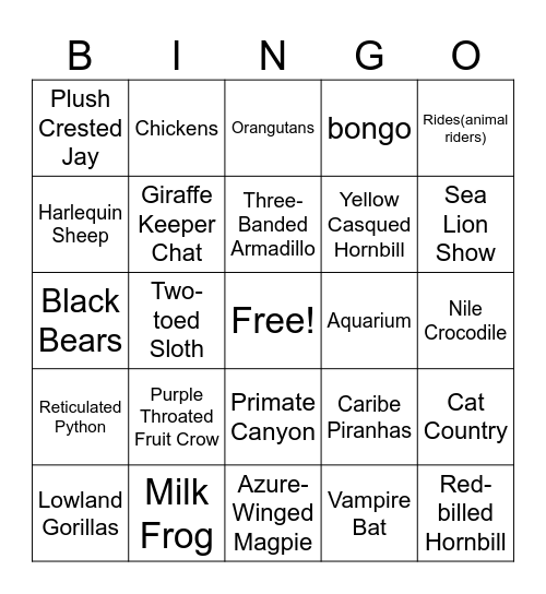 Memphis zoo bingo Card