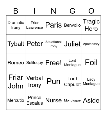 Romeo and Juliet Bingo Card