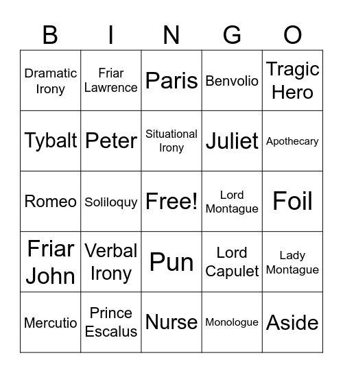 Romeo and Juliet Bingo Card