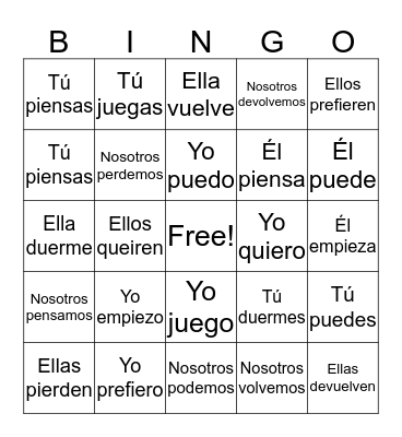 Stem-Changing Verbs/Verbos que cambian en sus raíces Bingo Card