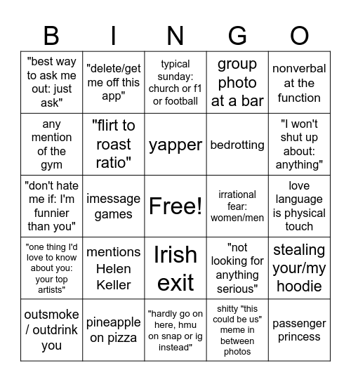 Dating App Cornball Bingo Card