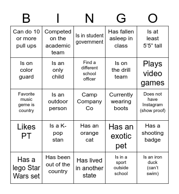 Leadership Camp BINGO Card