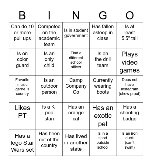 Leadership Camp BINGO Card