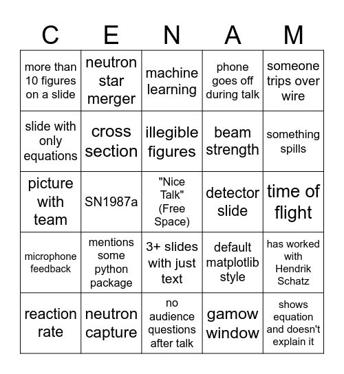 CeNAM Frontiers 2025 Meeting Bingo Card