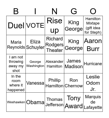 Hamilton: an American Musical Bingo Card