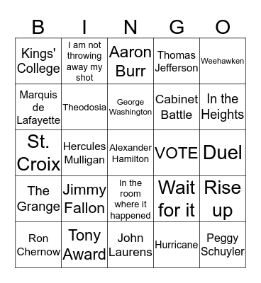Hamilton: an American Musical Bingo Card
