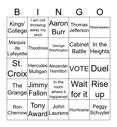 Hamilton: an American Musical Bingo Card