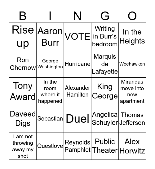 Hamilton: an American Musical Bingo Card