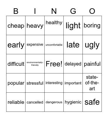 adjectives Bingo Card