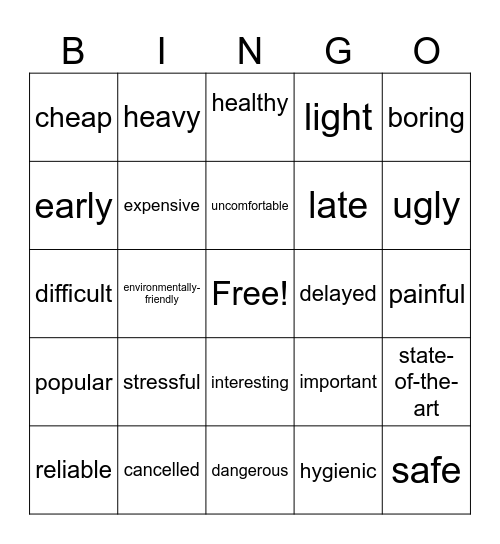 adjectives Bingo Card
