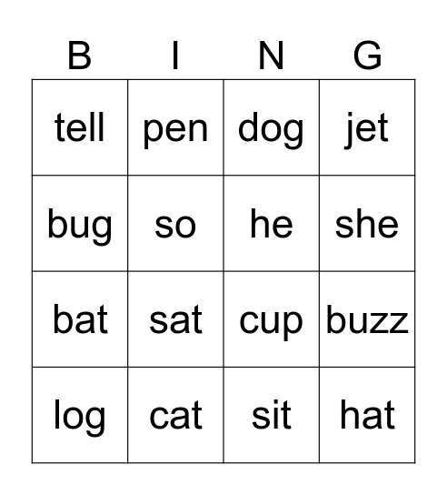 Closed and Open Syllables Bingo Card