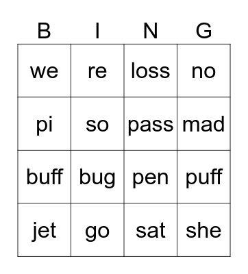 Closed and Open Syllables Bingo Card