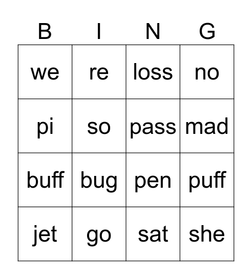 Closed and Open Syllables Bingo Card