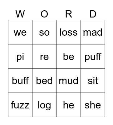 Closed and Open Syllables Bingo Card