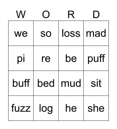 Closed and Open Syllables Bingo Card