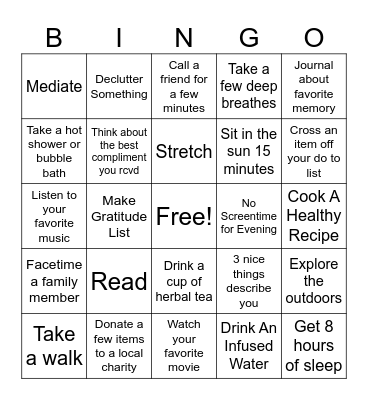 Mental Health Activity Bingo Card