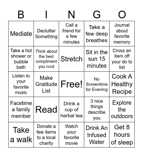 Mental Health Activity Bingo Card
