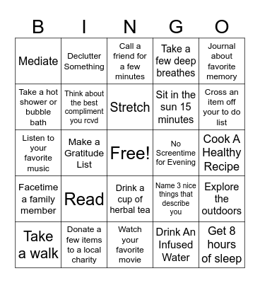 Mental Health Activity Bingo Card