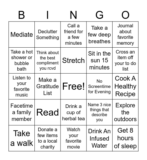 Mental Health Activity Bingo Card