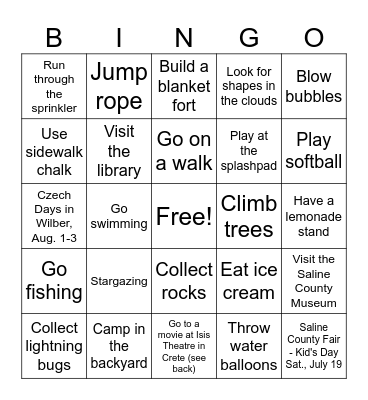 Summer Fun Activities Bingo Card