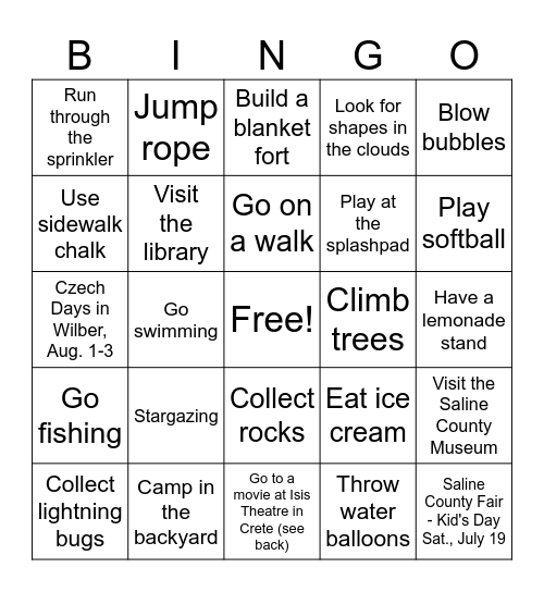 Summer Fun Activities Bingo Card
