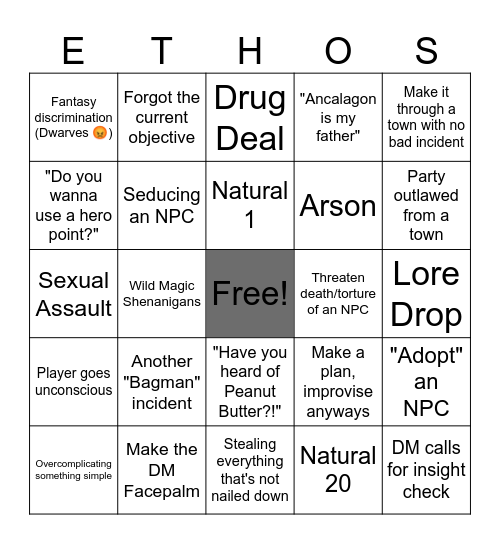 Ethos Bingo Card